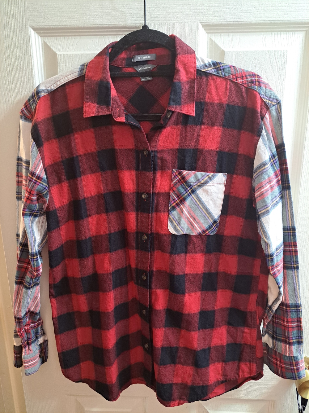 Eddie Bauer • Womens Red & Black Plaid Button-Down Shirt with Contrast Sleeves